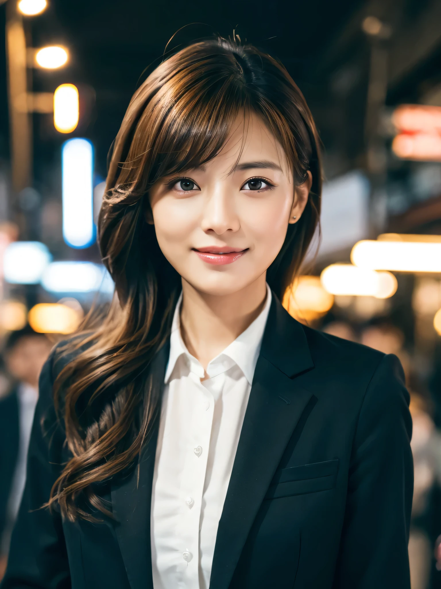 table top、highest quality、genuine、Super detailed、finely、High resolution、8k wallpaper、one beautiful woman、、、light brown disheveled hair、wearing a business suit、sharp focus、perfect dynamic composition、beautiful and detailed eyes、thin hair、Detailed genuine skin texture、smile、close-up portrait、model body shape、In Kyoto at night、