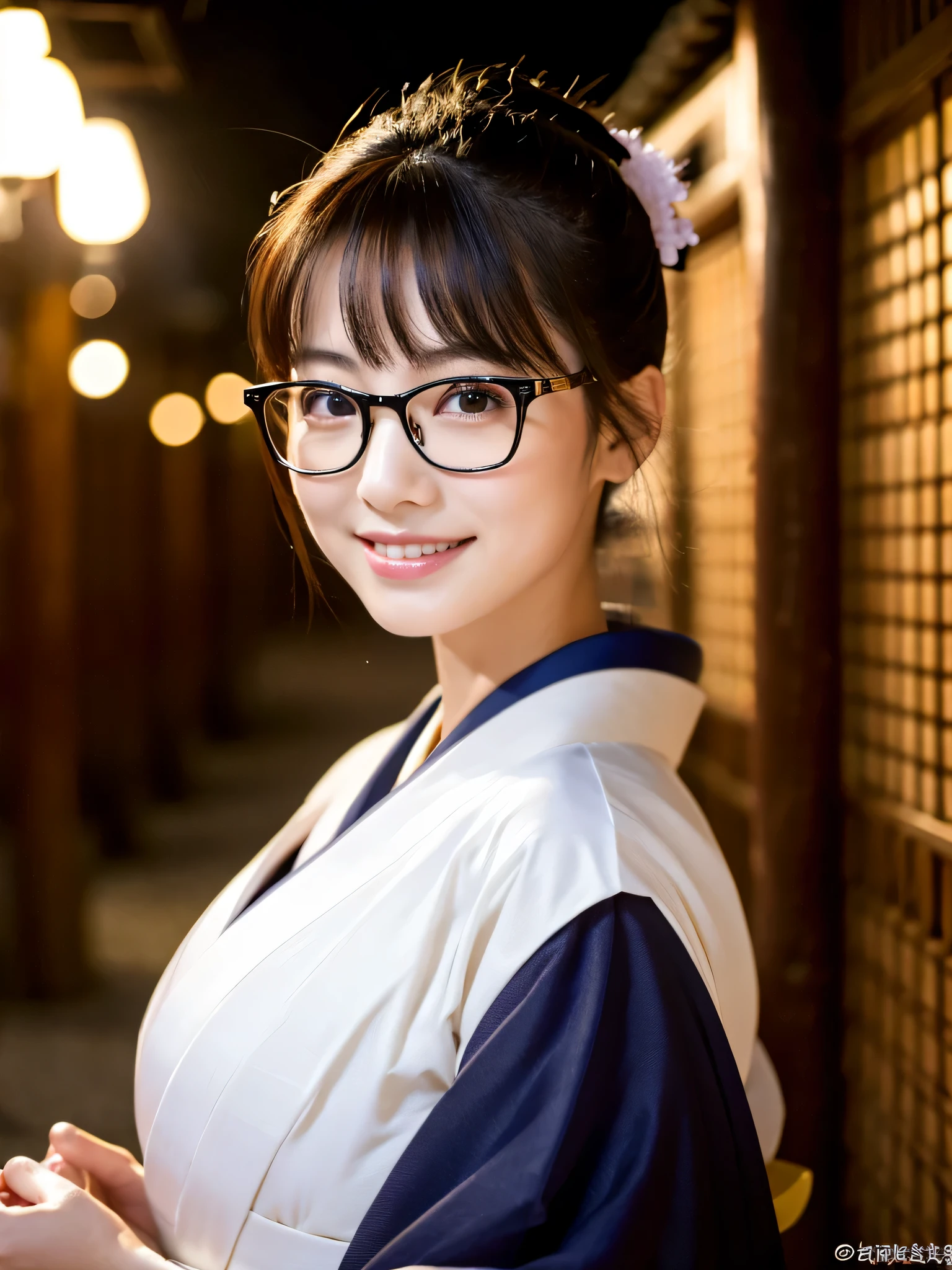 (Super beautiful woman in kimono)、((highest quality、8K masterpiece:1.3))、sharp focus:1.2、(super beautiful face:1.0)、(shiny skin:1.0)、realistic pictures、black hair、video lighting、High resolution eyes and face、video lighting、japanese actress、from the front、big breasts、with a happy smile、Slender abs beauty、whole body、wearing a kimono、in Kyoto、luxury obi、In Kyoto at night、wearing glasses with no edge