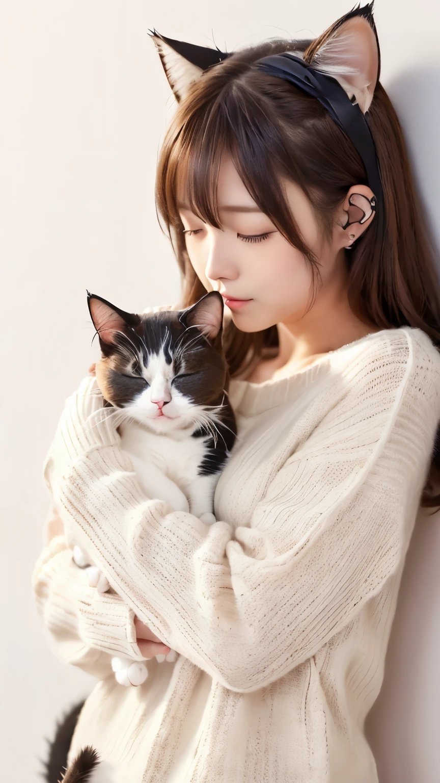 masterpiece, 4K, Bokeh, (cute:1.5), (beautiful girl:1.3), (Japanese Idols:1.6), (Cat ear:1.3) , (sweater:1.3), (I like cats:1.6), Blushed, (Holding a sleeping white cat:1.5), (Kiss the cat:1.3), (White Background :1.4),