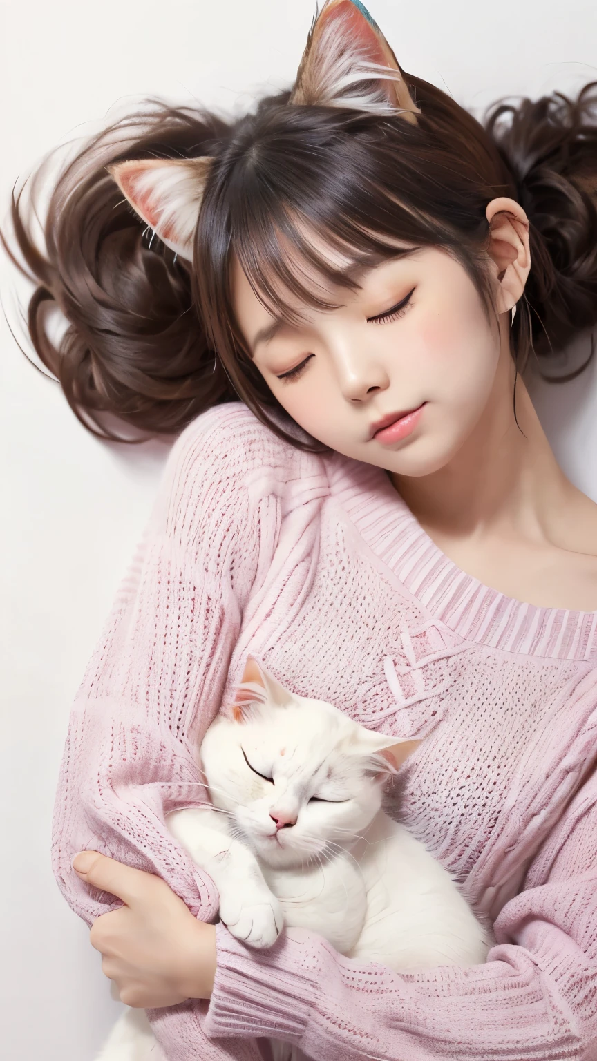 masterpiece, 4K, Bokeh, (cute:1.5), (beautiful girl:1.3), (Japanese Idols:1.6), (Cat ear:1.3) , (sweater:1.3), (I like cats:1.6), Blushed, (Holding a sleeping white cat:1.5), (Kiss the cat:1.3), (White Background :1.4),