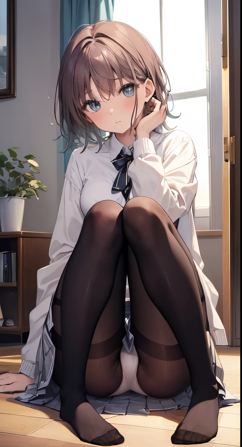 highest quality, masterpiece, High resolution, (Head to Toe full body), front, frontやや下からの構図, Symmetric, 18 year old tall girl, alone, (Head to Toe), (Small breasts), Unkempt brown hair, bangs, (black tights), (Black Pantyhose), (Sit with your legs apart), (Crouching pose), (A work depicting white panties), (Her legs were spread、I see your white pants.), (I was made to sit on the floor with my legs spread.....), (M-shaped feet), Thin legs, A very beautiful and tall 18 year old girl, (No shoes), blush, Shy big eyes, Looking at the camera, Blazer uniform, Checkered Pleated Skirt