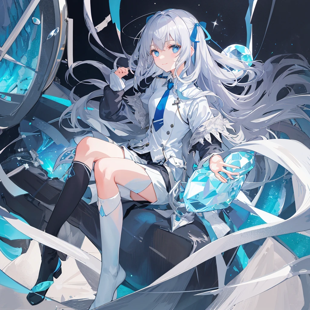 ((A close up)) of anime teen girl, (((((sitting down in a throne of ice))))), (mostly naked), ((barefoot)), (cinematic light), skin is perfectly white, soft, and smooth, ((no nsfw)), Extremely delicate and beautiful CG illustration, small thigh, slim body, best quality, high resolution, dynamic angle, full-length lens, (((1 girl))), (detailed eyes), soft light, high-key lighting), glowing light, feathers fluttering background, blue crystal, ((blue glowing ring around her ankle)), (((wearing (only) a white (transparent) tank top)))
