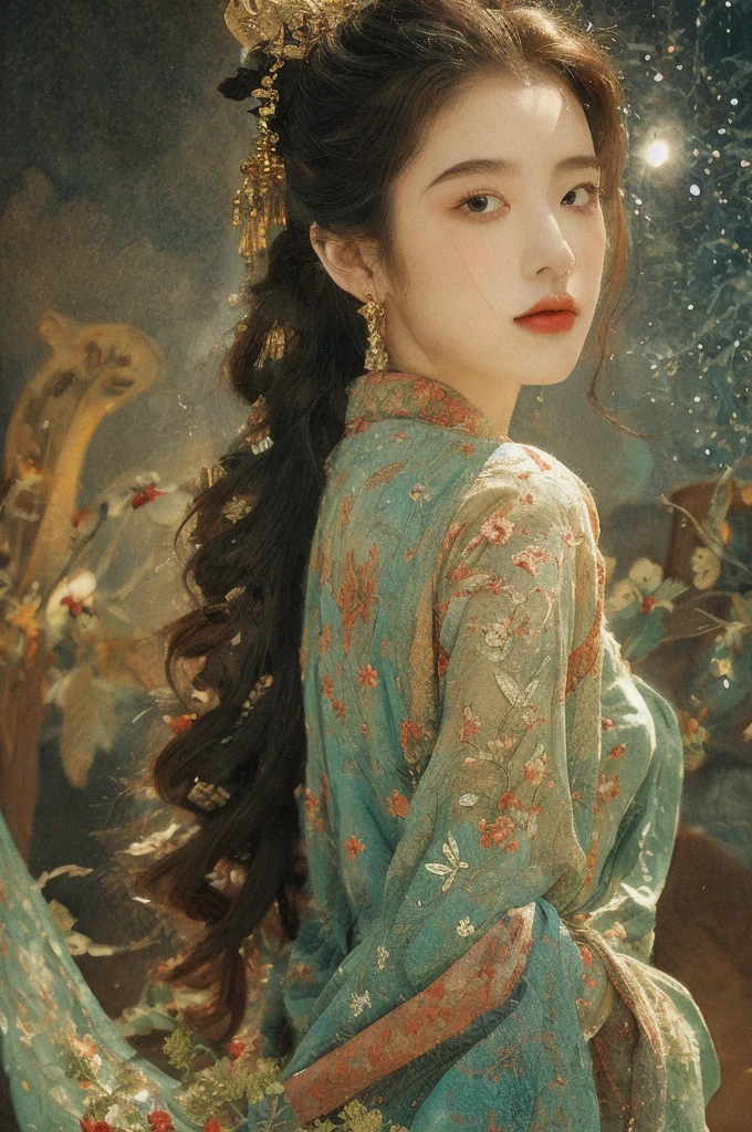 (NSFW:1)In an enchanting setting, an oil painting (1.5) captures a dynamic scene, where a confident girl (1girl) leans against a dreamy background infused with elements of Chinese aesthetics. The backdrop, adorned with mesmerizing Ambilight colors, exudes a touch of China's charm. The dynamic brushwork (1.5) brings her form to life, while the double-exposure background weaves an ethereal atmosphere. Vivid splashes and lively brushstrokes add an artistic flair.
Limited colors burst forth on an ultra-detailed 8k unity wallpaper, seamlessly incorporating elements of Chinese culture, complemented by zentangle and mandala motifs that blend harmoniously with fractal art (1.3). The dynamic angle presents an elegant dance of chaos against a dreamlike atmospheric brutalist design background.
A symphony of renowned artists like James Jean, Roby Dwi Antono, and Ross Tran contributes to an ecstatic musical notes ambiance. Floating colorful sparkles (1) illuminate her glowing skin against the cosmic backdrop, creating a tranquil mosaic reminiscent of blue and green jellyfish (1.4) amidst the photorealistic (1.4) depths.