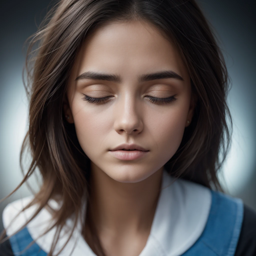 cara de un modelo de primer plano, cerveza madison, disparo a la cabeza, tinta larga y hermosa que fluye como cabello, maquillaje ahumado, ojos brillantes, ojos gris-oro-azul, motas de oro, ojos definidos, ojos realistas, ojos de gacela, beautiful symmetrical face perfect, extremadamente detallado, melancholic expression, pintado por Tom Bagshaw y Eve Ventrue y Jeremy Lipking, ultra high definition, hdr, 8k, cinematographic, dramatic lighting, Studio Portrait Lighting, cara iluminada, 85mm, volumetric lighting, Reflexiones de trazado de rayos