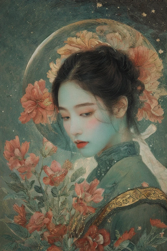 (NSFW:1)In an enchanting setting, an oil painting (1.5) captures a dynamic scene, where a confident girl (1girl) leans against a dreamy background infused with elements of Chinese aesthetics. The backdrop, adorned with mesmerizing Ambilight colors, exudes a touch of China's charm. The dynamic brushwork (1.5) brings her form to life, while the double-exposure background weaves an ethereal atmosphere. Vivid splashes and lively brushstrokes add an artistic flair.
Limited colors burst forth on an ultra-detailed 8k unity wallpaper, seamlessly incorporating elements of Chinese culture, complemented by zentangle and mandala motifs that blend harmoniously with fractal art (1.3). The dynamic angle presents an elegant dance of chaos against a dreamlike atmospheric brutalist design background.
A symphony of renowned artists like James Jean, Roby Dwi Antono, and Ross Tran contributes to an ecstatic musical notes ambiance. Floating colorful sparkles (1) illuminate her glowing skin against the cosmic backdrop, creating a tranquil mosaic reminiscent of blue and green jellyfish (1.4) amidst the photorealistic (1.4) depths.