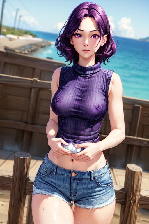 (masterpiece:1.5),(best quality:1.5),(high resolution:1.5),(8k:1,5),(perfect face:1.5),(perfect body:1.5),(perfect hands:1.5),(perfect fingers:1.5),(full body:1.3),,1woman,(realistic:1.2),pale skin,(fighter:1.5),hamaoka_azusa,(purple shirt hair:1.3) , (right purple eyes:1.3),( large breasts:1.3),(large ass:1.3),(small nipples:1.2), (detailed face:1.5), (white virgin killer sweater sleeveless:1.5),(Jeans in shorts:1.3), Facing forward with the whole body, looking at the viewer,seductives mile,stand,(sea:1.3),(wet:1.0),(sweat:1.2),(shirt jeans and sweater cameltoe:1.3),(clothed:1.5),(sweater erect nipples:1.3)