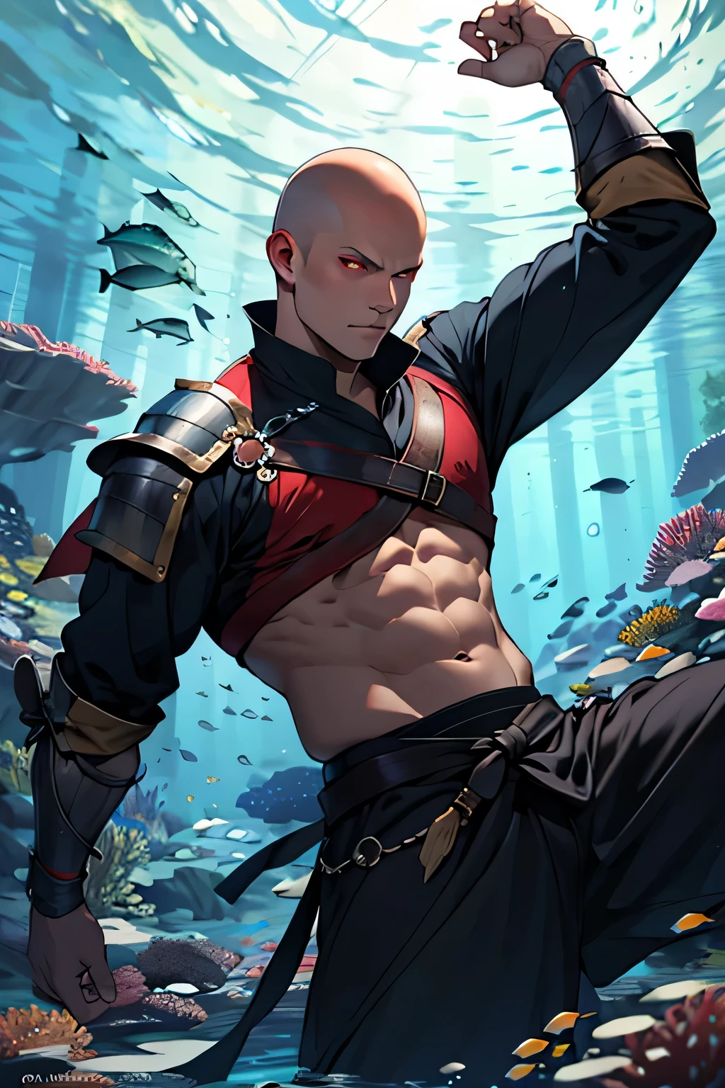 under the sea medieval warrior with no hair and red eyes