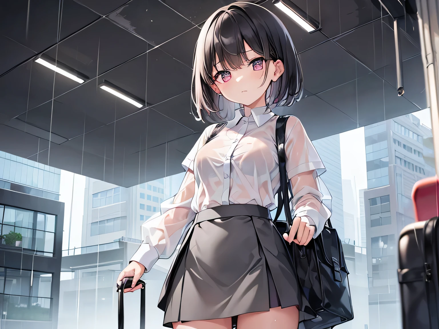 (Masterpiece, top quality, high resolution, realistic photo, realistic looking skin:1.1),
(Please give me an upper body close-up composition picture of her:1.8),
(She is standing under the roof of a building in the rain, sheltering from the rain:1.8),
(She has a troubled expression: 1.5),
(She is wearing a white cutter shirt and her pink bra is transparent because it is wet from the rain: 1.8),
(She is wearing a tight charcoal gray miniskirt: 1.8),
(She is wearing black pumps on her feet:1.5),
(She has medium black hair: 1.5),
(She has one travel bag: 1.5),
(Location is a business district on a rainy night:1.5),
1 Japanese girl, solo, full bodied esbian, beautiful eyes, glowing eyes, glowing thighs, NSFW