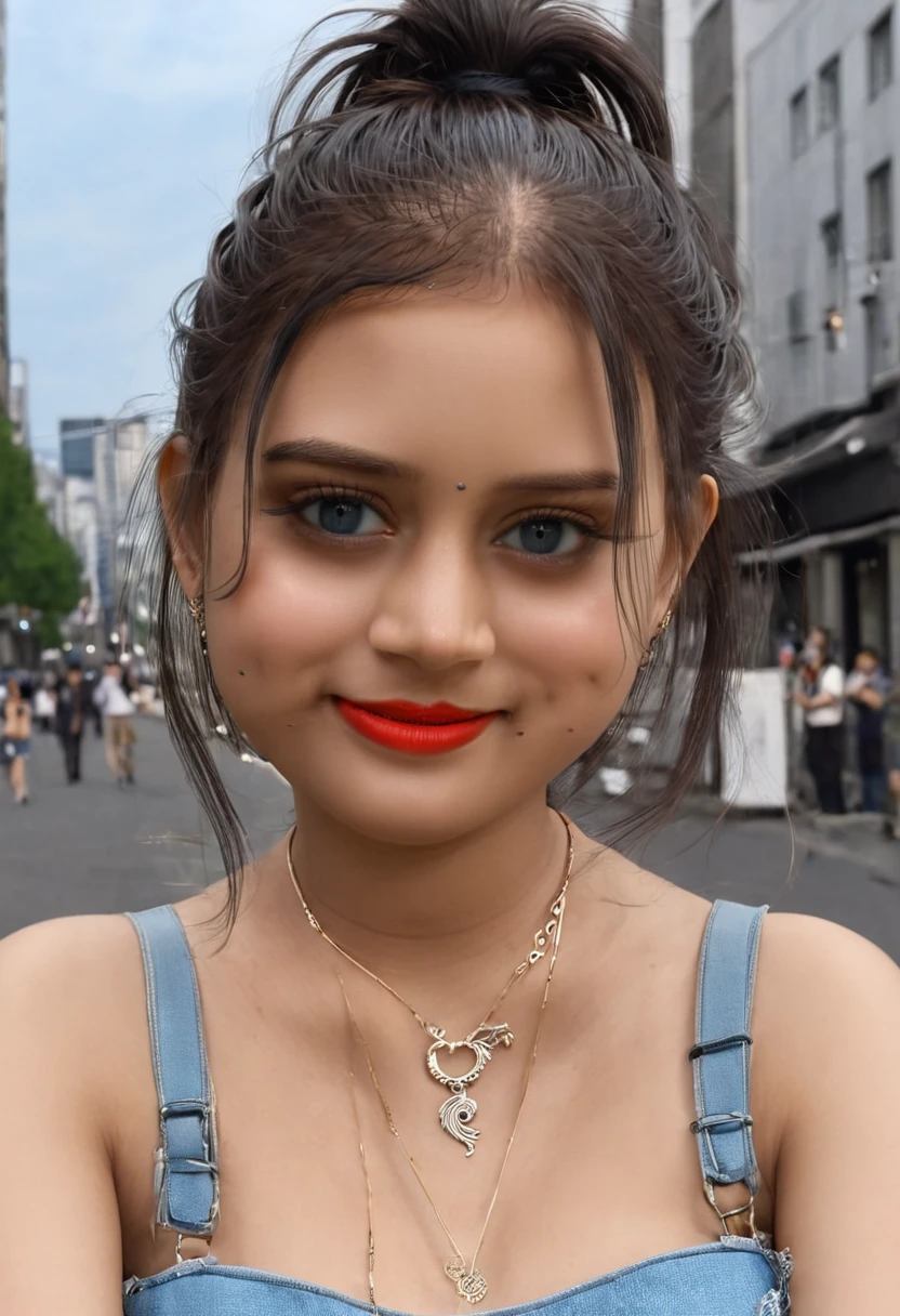 Urban beautiful girl college student, masterpiece, light makeup, red lips, silver hair, messy long hair, street background, beautiful, elegant. super fine details, master works, authentic texture, cinematic lighting realism, perfect job, 16K, hd, exquisite features,blue eyes、japanese idol、Beautiful Face、cute smile、brown hair、beautiful hair、ponytail、glamorous、 tanned skin、Black glowing skin bright big eyes, smooth skin, earrings, necklace, tattoo