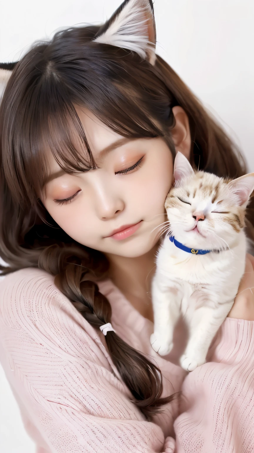 masterpiece, 4K, Bokeh, (cute:1.5), (beautiful girl:1.3), (Japanese Idols:1.6), (Cat ear:1.3) , (sweater:1.3), (I like cats:1.6), Blushed, (Holding a sleeping white cat:1.5), (Kiss the cat:1.3), (White Background :1.4),