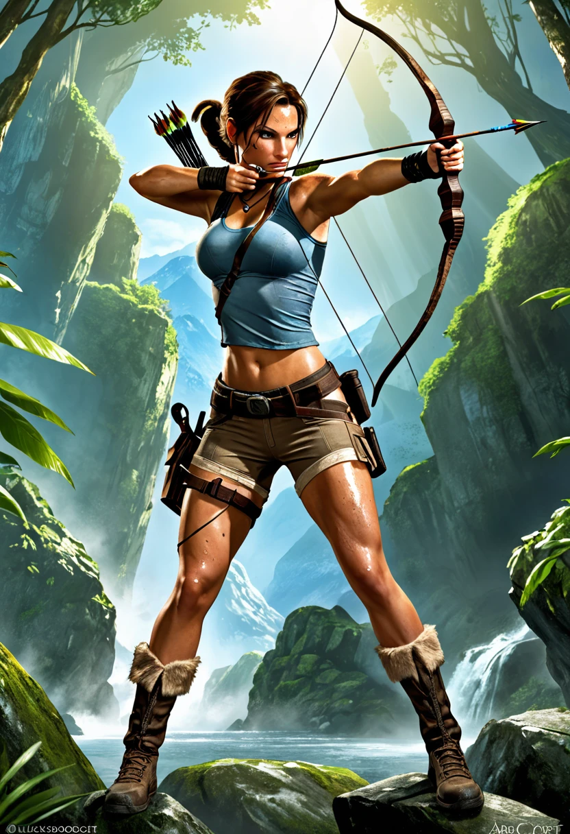 Lara Croft, poised like a skilled archer, takes aim with precision as she releases an arrow from the bow held in her left hand. This dynamic scene captures the intensity and expertise of the iconic heroine in action. In this high-definition photograph, we see her full figure focused and determined, showcasing her strength and agility. The details are sharp and vivid, highlighting every muscle and curve of her athletic form. The lighting enhances the dramatic effect, emphasizing the power and grace of this legendary adventurer. Overall, this image exudes a sense of adventure and determination, drawing the viewer into the world of Lara Croft with its stunning visual quality.