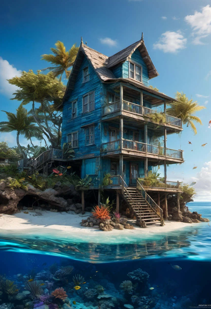 Blue Coast, "Stunning photo realistic image of a small cozy beach house on a small uncharted paradise island surrounded by clear water with colorful coral reefs under the water!" by Awwchang and James_Christensen and CGSociety and Carne_Griffiths, ultradetailed, intricate, maximalist, ultra_quality, 8k , beautiful_composition, sunset , pale muted colors