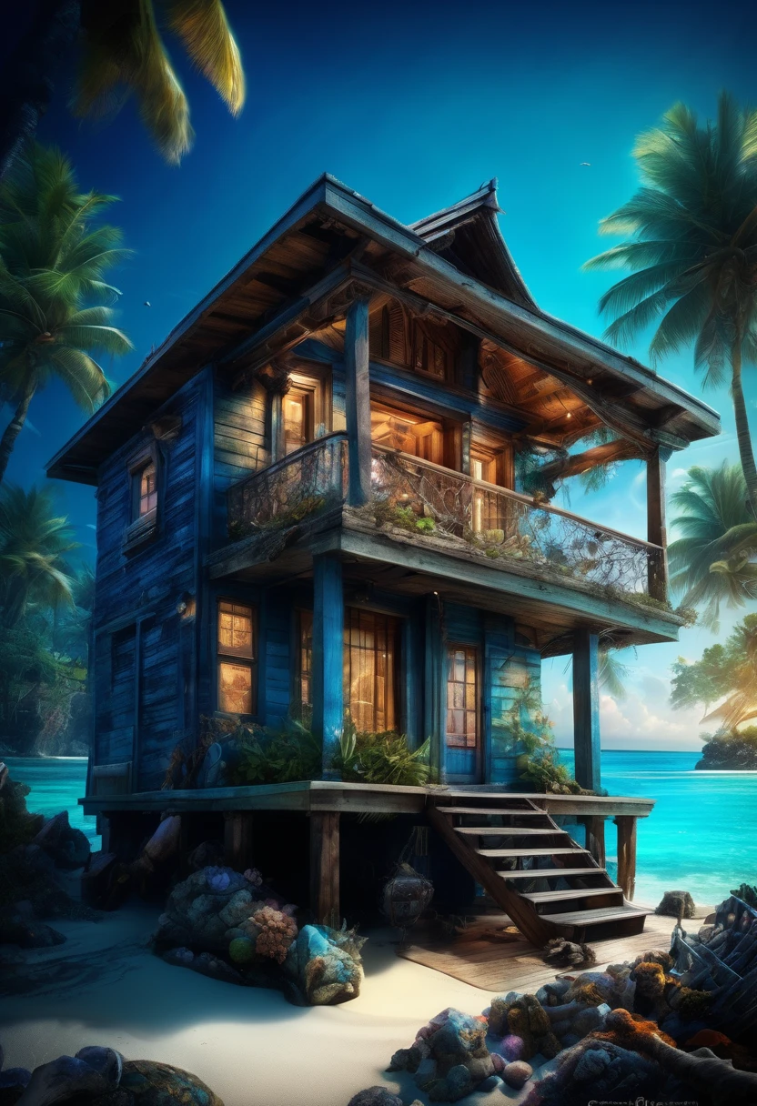 Blue Coast, "Stunning photo realistic image of a small cozy beach house on a small uncharted paradise island surrounded by clear water with colorful coral reefs under the water!" by Awwchang and James_Christensen and CGSociety and Carne_Griffiths, ultradetailed, intricate, maximalist, ultra_quality, 8k , beautiful_composition, sunset , pale muted colors