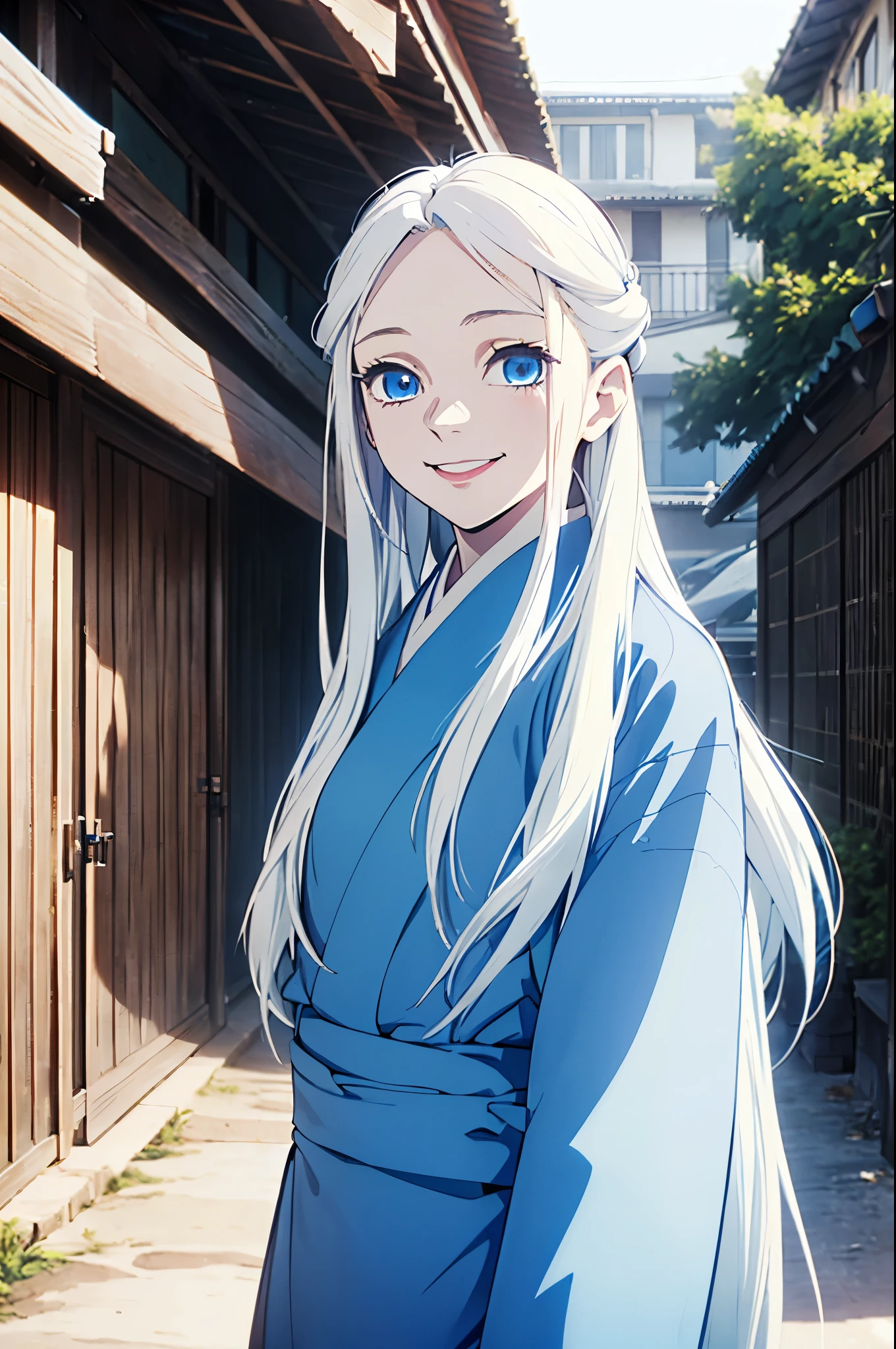 (1 girl with white long straight hair and blue eyes, beautiful girl, 17years old girl, young girl, smile,  blue kimono, face focus, happy, half-down hairstyle, outdoor, morning time