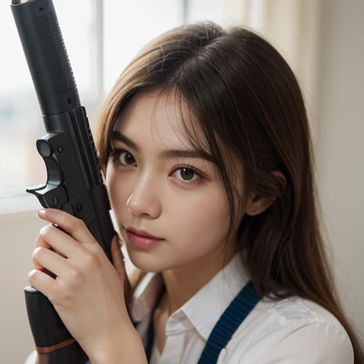 (highest quality,RAW Photos,16k), (sharp perspective:1.3), ((Girl holding a gun,)) , Beautiful Face, Cute expression, Glaring Eyes, (((High precisionアサルトライフル))), Aiming for the target, Super Detail, High precision, high performance, A very long and straight barrel, Wooden grip))), cool, Precision machinery, war, Perfect design, Realistic, Ultra-high precision, Highest quality,