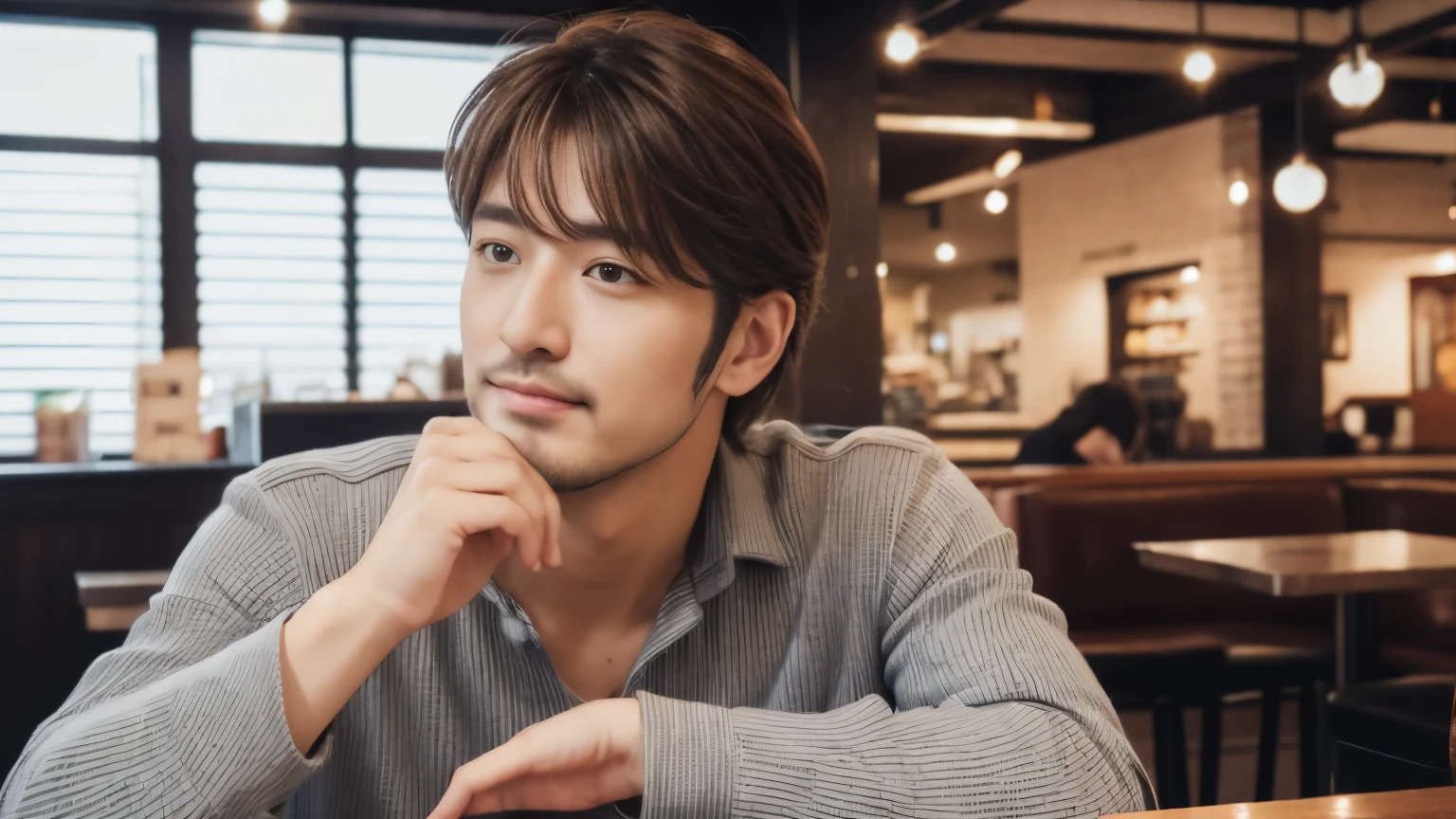 musician、Refreshingly handsome man in his 40s、(Super cool S-class guy)、Japanese Male, 40 years old、、Photographed inside the cafe、a handsome guy、(CG Unity 8K high resolution photo)、(Very detailedSクラスのa handsome guy性)、(Realistic)、(highest quality))、Very detailed、super high quality、expensive、audience、kind person、Very beautiful hair Perm Hair、Bright photo、Handsome like a model、Handsome like an idol、Looking at the camera、inside a stylish cafe、Stubble