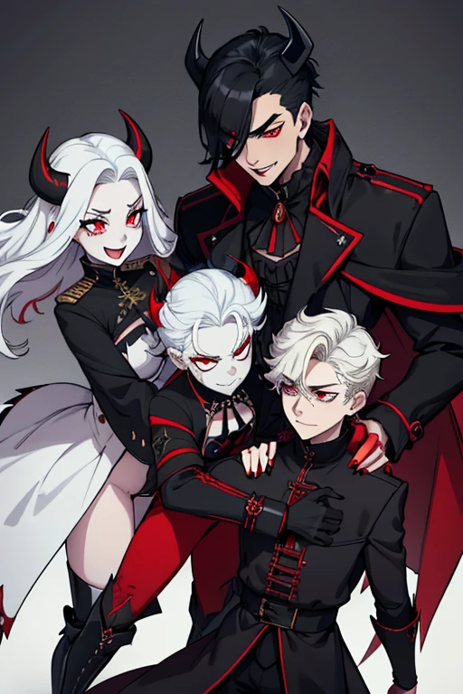 male. white shoulder length hair, red eyes, black curved horns, pale blue skin, demon, (((1boys))), (((black gothic coat with red trim))), (gold shoulder guards), (black pants), (white shirt), (black knee high boots with gold trim), (black domino mask), handsome, smiling, sharp teeth