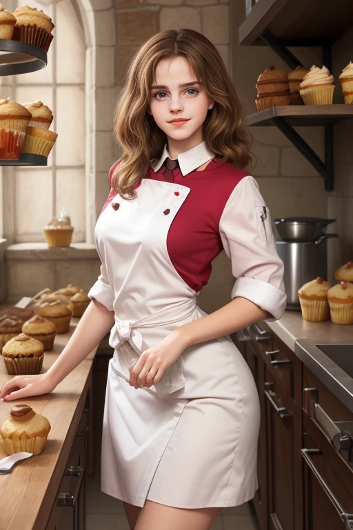 chef-d&#39;artwork, (photorealistic), (Fond d&#39;8k screen) , (best quality), perfect quality, Seulement, (Detailed eyes:0.9), Hermione, adulte, manger des muffins, petit sourire, sexy, très beau visage, curved, joufflu, gros rouleaux, rouleaux de ventre, doux, pink christmas dress, robe transparente, dessus de muffin, gros nombril profond, tight dress, handles&#39;amour, cuisses de tonnerre