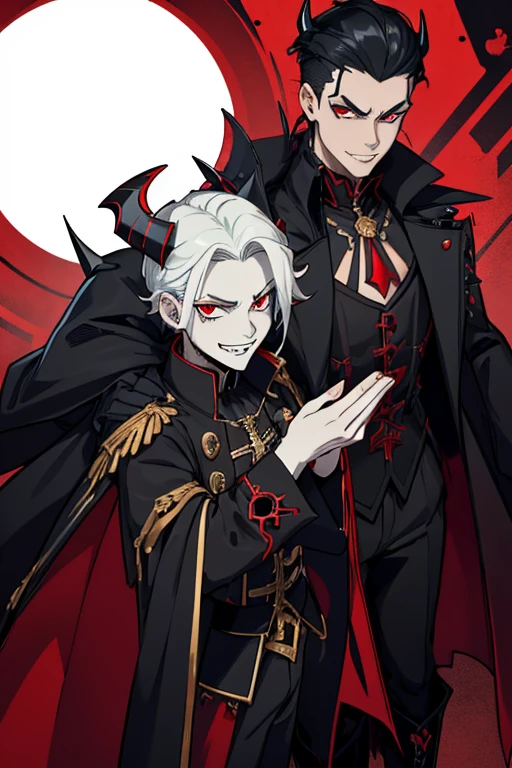 male. white shoulder length hair, red eyes, black curved horns, pale blue skin, demon, (((1boys))), (((black gothic coat with red trim))), (gold shoulder guards), (black pants), (white shirt), (black knee high boots with gold trim), (black domino mask), handsome, smiling, sharp teeth