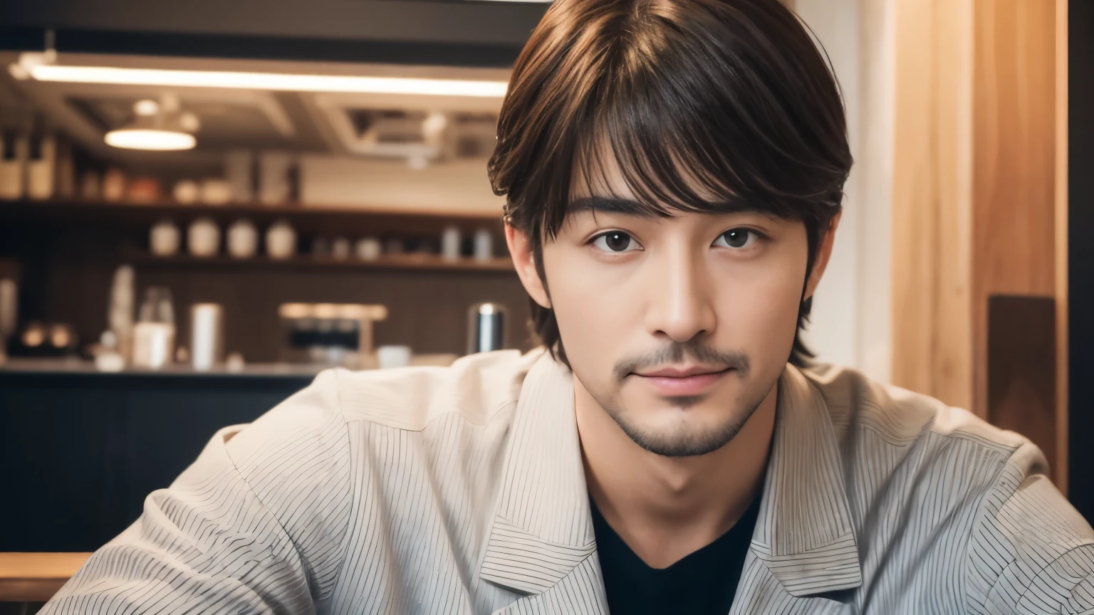 musician、Refreshingly handsome man in his 40s、(Super cool S-class guy)、Japanese Male, 40 years old、、Photographed inside the cafe、a handsome guy、(CG Unity 8K high resolution photo)、(Very detailedSクラスのa handsome guy性)、(Realistic)、(highest quality))、Very detailed、super high quality、expensive、audience、kind person、Very beautiful hair Perm Hair、Bright photo、Handsome like a model、Handsome like an idol、Looking at the camera、inside a stylish cafe、Stubble