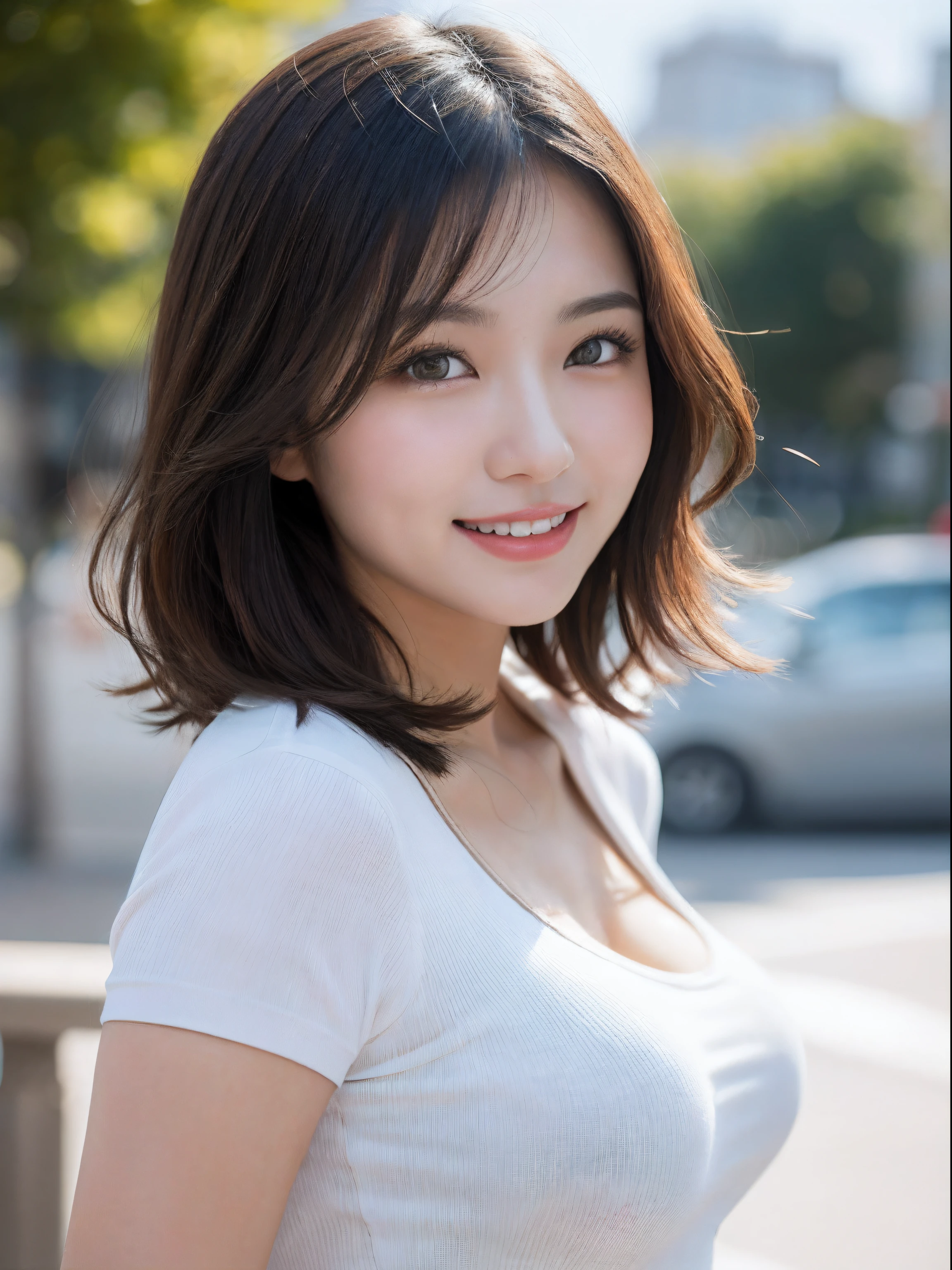 masutepiece, Best Quality, Photorealsitic, finely detail, hight resolution, 8K Wallpapers, Perfect dynamic composition, Beautiful detailed eyes, Medium short wavy hair, large full breasts, Random and sexy poses,Random situations、Tight polo shirt、Breast bulge、A smile、bokeh feeling、natural、Beautiful cityscape、Bright sunshine、25-years old、(Drooping eyes 1.3)、Adult beauty、natural、japanes