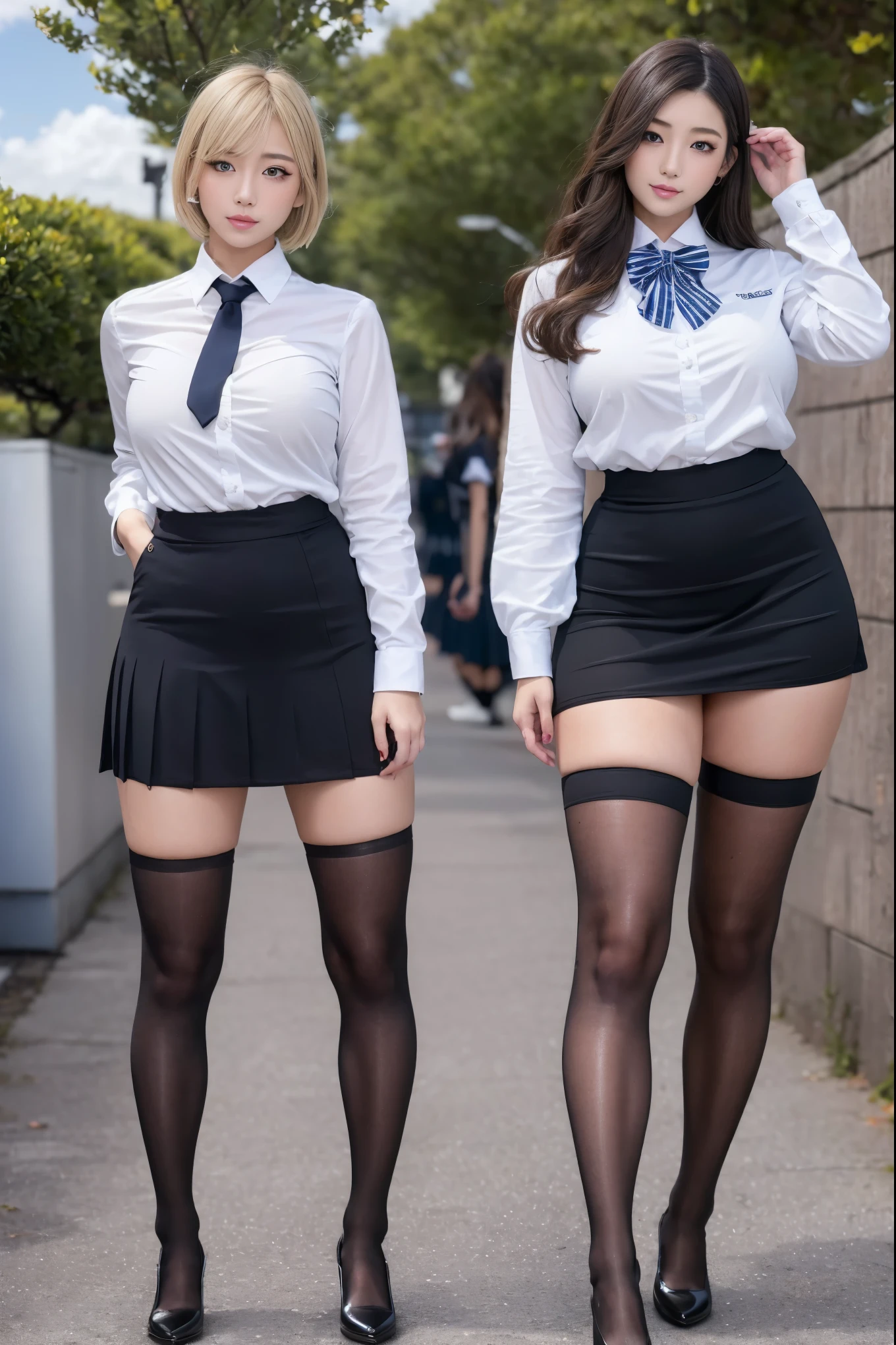 (There are two:1.8)、((２Sisters of Man))、8k,High resolution,Japanese women,(There are two:1.8)、((２Sisters of Man))、(15歳のBlack Stockingsのセクシーギャルと24歳のBig Breastsでミルクぶっかけギャル), Black Stockingsを必ず着用、 (masterpiece:1.4), (8k, Realistic, highest quality: 1.8), Beautiful Face, (Realistic face), (Blonde short cut:1.3), Realistic目, Very beautiful eyes, Ultra-High resolution, Super Realistic, Very detailed, Golden Ratio, cute, cute female teacher, High school girl in summer clothes, Surreal school girl, Navy high waist micro mini skirt, (Black Stockings)、Full body portrait, Thin arms, (Big Breasts)、(Her uniform shirt is open, expose her bra)、Tight waist、(太くて広い太腿 and 筋肉質な脚 and wide thighs and Long legsのギャル)、(Two tall high school girls with model figures:1.8)、(Standing facing this), Full body photo、(wide thighs, とてもLong legs), high heel loafersを履いています、pleated micro mini skirt, Milk splashed on the uniform, ( Black Stockings )、high heel loafers, Full body portrait, Thin arms, (Big Breasts)、Black Bag、 High school girl in jk uniform, Surreal school girl, pleated micro mini skirt, Milk splashed on the uniform、Black Stockingsにミルクぶっかけ 、high heel loafers, Full body portrait, Thin arms, Big Breasts、 wide thighs、Long legs, (A large amount of semen leaks from the crotch)