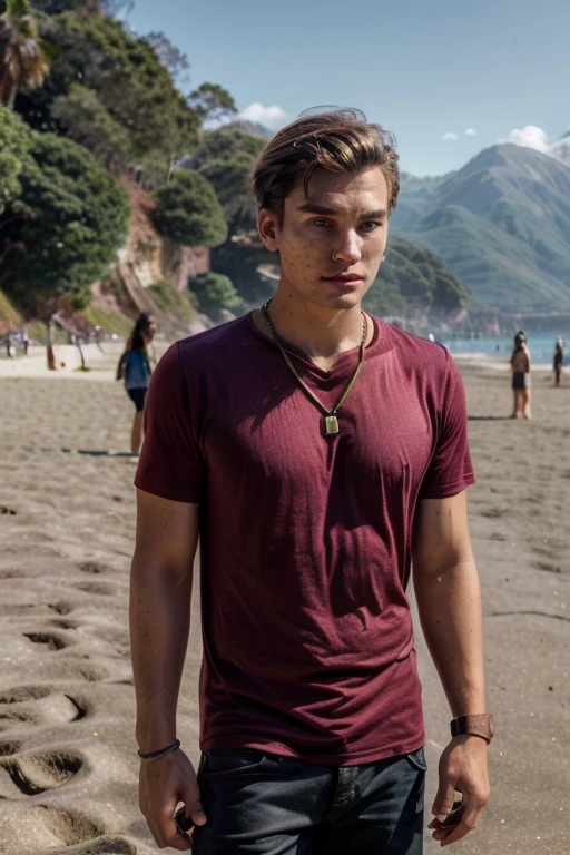 (masterpiece,best quality,photorealistic, DSLR,F/1.2) (guy 22 years old on the beach ) (full-length body) (perfect angle)(perfect face) (mountains in the background ) (man has brown hair, oval face stretched upwards, hairstyle - undercut, hair length - 8 cm) (color Porta 160, iPhone 15 pro photo) (unprocessed photo) (man is wearing maroon T-shirt, ,bronze chain around his neck, expensive watch on his arm.) (natural light)
