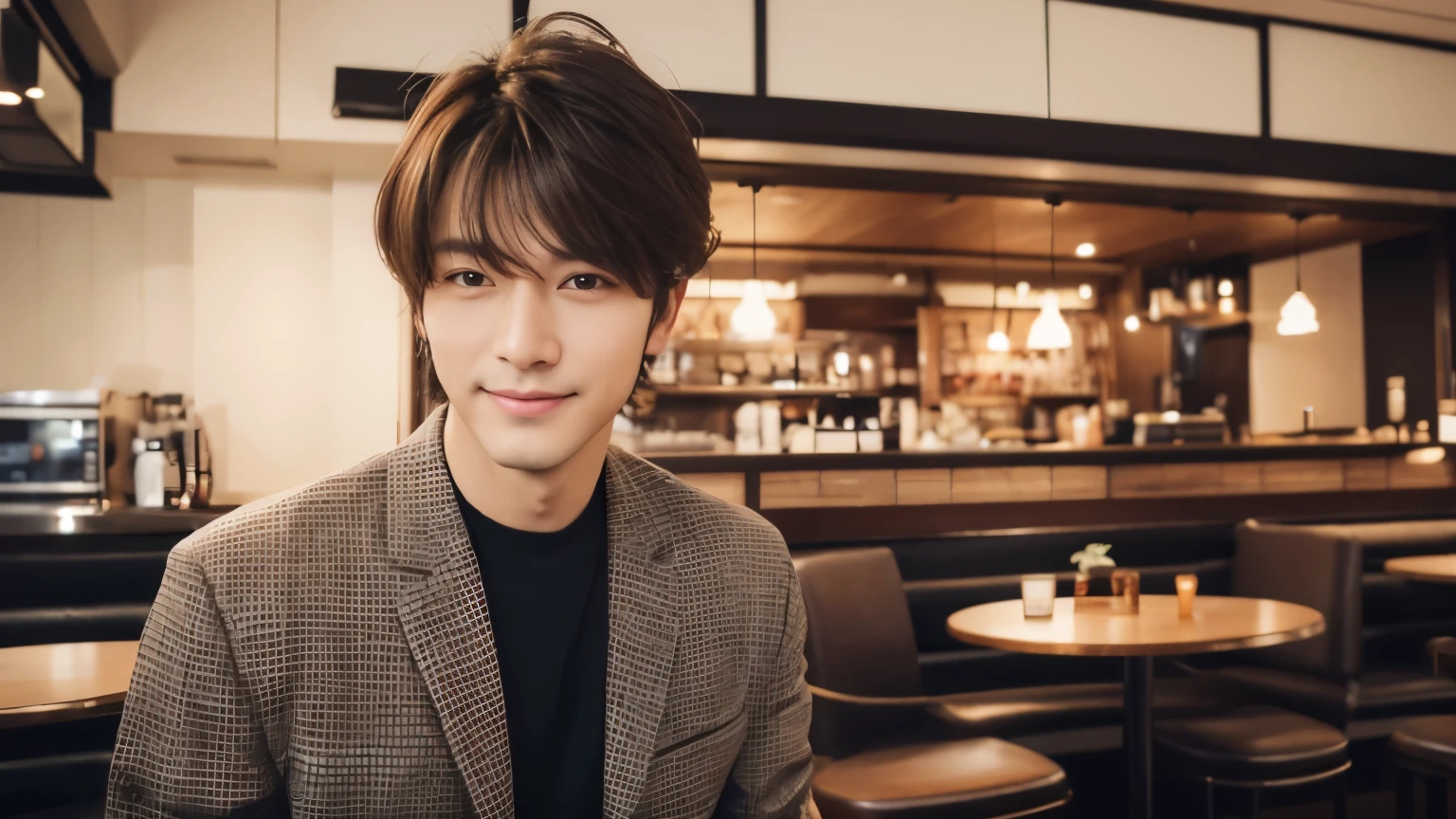 musician、Refreshingly handsome man in his 40s、（Super cool S-class guy）、Japanese Male, 40 years old、、Photographed inside the cafe、a handsome guy、（CG Unity 8K high resolution photo）、（Very detailedＳクラスのa handsome guy性）、（Realistic）、（highest quality））、Very detailed、super high quality、expensive、audience、kind person、Very beautiful hair　Perm Hair、Bright photo、Handsome like a model、Handsome like an idol、Looking at the camera、inside a stylish cafe、Stubble