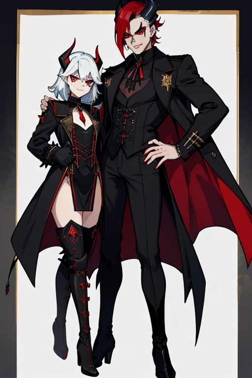 male. white shoulder length hair, red eyes, black curved horns, pale blue skin, demon, (((1boys))), (((black gothic coat with red trim))), (gold shoulder guards), (black pants), (white shirt), (black knee high boots with gold trim), (black domino mask), handsome, smiling, sharp teeth