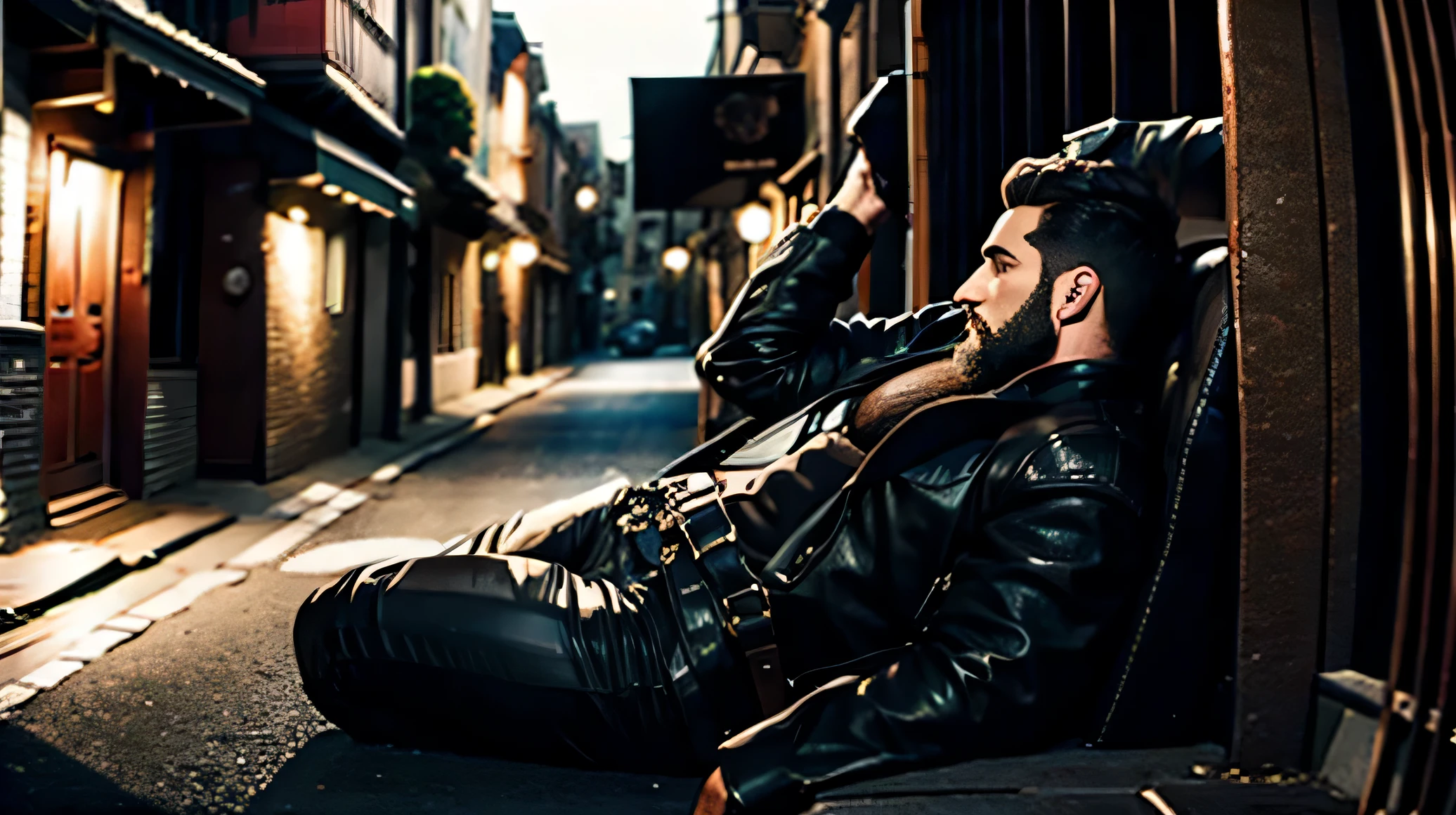 MAN 40 YEARS OLD WITH BEARD AND HAIRY CHEST WEARING LEATHER PANTS AND HARNESS WITH A DARK ALLEY
