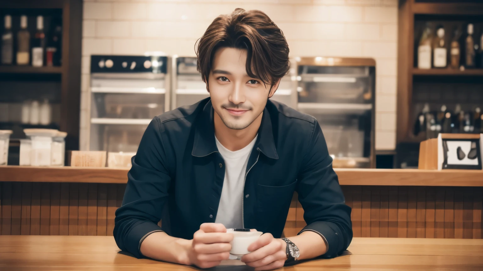 musician、Refreshingly handsome man in his 40s、(Super cool S-class guy)、Japanese Male, 40 years old、、Photographed inside the cafe、a handsome guy、(CG Unity 8K high resolution photo)、(Very detailedSクラスのa handsome guy性)、(Realistic)、(highest quality))、Very detailed、super high quality、expensive、audience、kind person、Very beautiful hair Perm Hair、Bright photo、Handsome like a model、Handsome like an idol、Looking at the camera、inside a stylish cafe、Stubble
