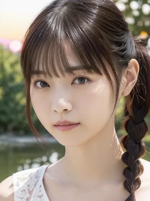 1 Japanese female, 30 years old, Very beautiful, (very cute), (Very detailed美しい顔), Great face and eyes,(Flower Hair Ornaments,Braided top knot,Twisted Side Part Ponytail Braided Headband,Half Up、Braided Space Van,Voluminous fishtail braid,Twisted pan),(The bangs are see-through),, My eyes got a little brighter, Normal makeup, (Tight camisole mini dress), (highest quality:1.4), (Very detailed), Very detailed CG 統合 8k 壁紙, Surreal, (Photorealistic:1.4), Raw photo, Professional photography, Cinema Lighting, Realistic portraits, (Depth of written boundary:1.4), (View Photographer:1.3), (In a park with a pond), Small breasts、Faint cleavage、, Very small waist, (Whole Body Ezbian), Accurate Eyes, Beautiful mouth, (Keep your mouth completely closed), (evening:1.3), (Looking at the camera), (Amazing sunset:1.25), Sleeveless, Melancholic expression
