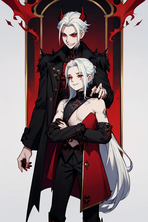 male. white shoulder length hair, red eyes, black curved horns, pale blue skin, demon, (((1boys))), (((black gothic coat with red trim))), (gold shoulder guards), (black pants), (white shirt), (black knee high boots with gold trim), handsome, smiling, sharp teeth