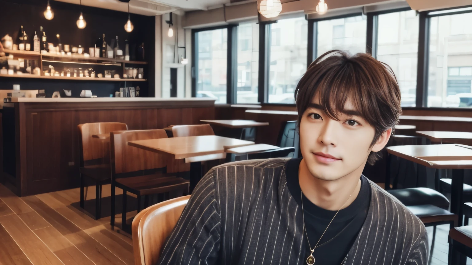 musician、Refreshingly handsome man in his 40s、(Super cool S-class guy)、Japanese Male, 40 years old、、Photographed inside the cafe、a handsome guy、(CG Unity 8K high resolution photo)、(Very detailedSクラスのa handsome guy性)、(Realistic)、(highest quality))、Very detailed、super high quality、expensive、audience、kind person、Very beautiful hair Perm Hair、Bright photo、Handsome like a model、Handsome like an idol、Looking at the camera、inside a stylish cafe、Stubble