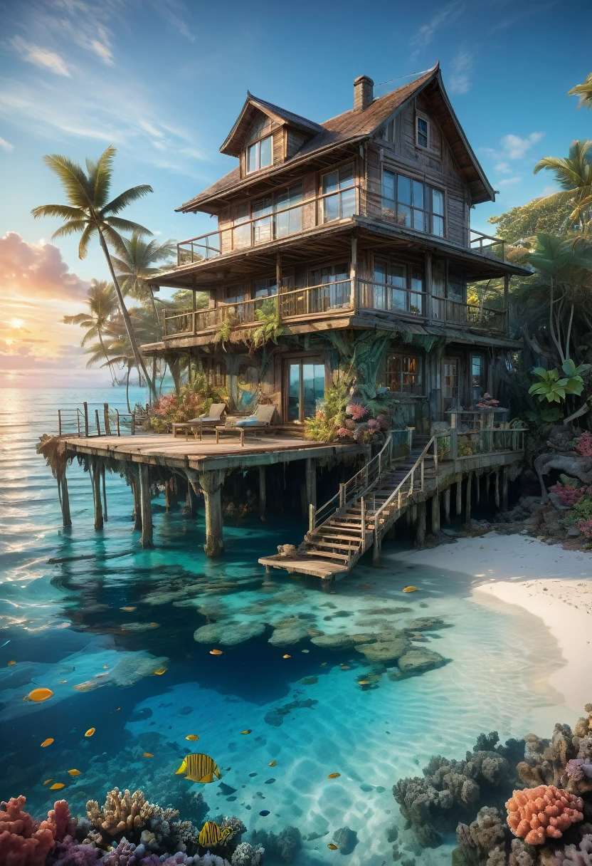 Blue Coast, "Stunning photo realistic  image of a small cozy beach house on a small uncharted paradise island surrounded by clear water with colorful coral reefs under the water!" by Awwchang and James_Christensen and CGSociety and Carne_Griffiths, ultradetailed, intricate, maximalist, ultra_quality, 8k , beautiful_composition, sunset , pale muted colors