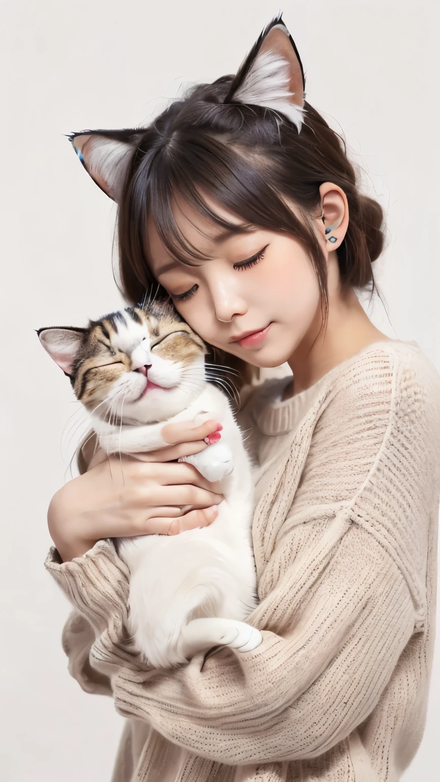 masterpiece, 4K, Bokeh, (cute:1.5), (beautiful girl:1.3), (Japanese Idols:1.6), (Cat ear:1.3) , (sweater:1.3),  (I like cats:1.6), Blushed,  (Holding a sleeping white cat:1.5), (Kiss the cat:1.3), (White Background :1.4), 
