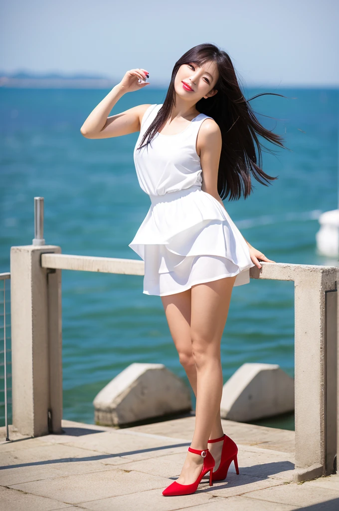 highest quality、A woman with a very good style、Straight, shiny, long black hair down to her waist、She is wearing a white, sleeveless, short-length sports-type outfit on the upper half of her body and a white miniskirt on the lower half.、She is shy and has a pure and innocent appearance from head to toe.、Bright red lipstick、She is facing forward wearing bright red stiletto heels.、Natural sunlight rays、The background is the outdoor sea