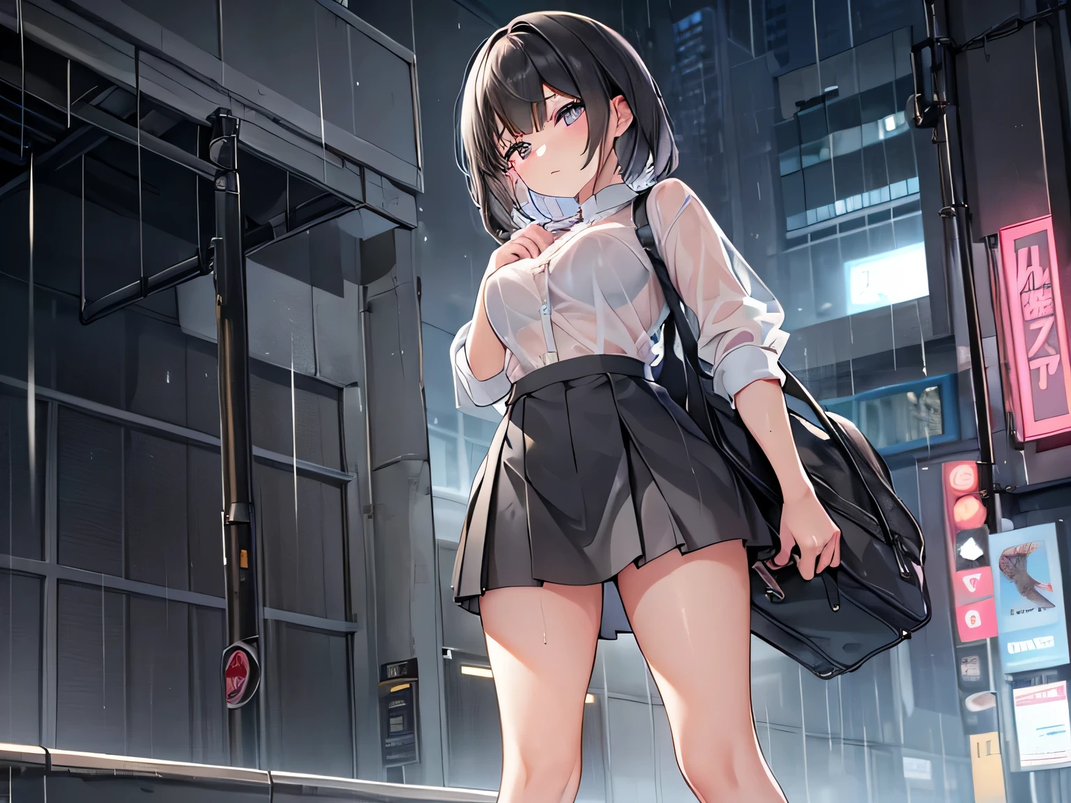 (Masterpiece, top quality, high resolution, realistic photo, realistic looking skin:1.1),
(Please give me an upper body close-up composition picture of her:1.8),
(She is standing under the roof of a building in the rain, sheltering from the rain:1.8), 
(She has a troubled expression: 1.5),
(She is wearing a white cutter shirt and her pink bra is transparent because it is wet from the rain: 1.8),
(She is wearing a tight charcoal gray miniskirt: 1.8),
(She is wearing black pumps on her feet:1.5),
(She has medium black hair: 1.5),
(She has one travel bag: 1.5),
(Location is a business district on a rainy night:1.5),
1 Japanese girl, solo, full bodied esbian, beautiful eyes, glowing eyes, glowing thighs, NSFW