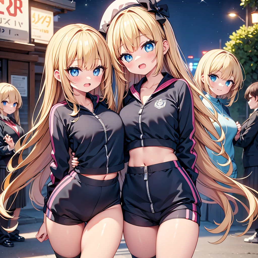 (cute eyes:1.2), (sparkling eyes:1.2), highest quality,wonderful,finely,extremely detailed CG Unity 8K wallpaper, (Stand in line:1.2), (3 girls, cute eyes, track suit, clothed), (midium breasts), (midriff peek:1.2), (open mouth:1.1), (long tongue:1.1), (mouth drool:1.1), (black stockings:1.1),(Thighs:1.1),(Waistline:1.1)
