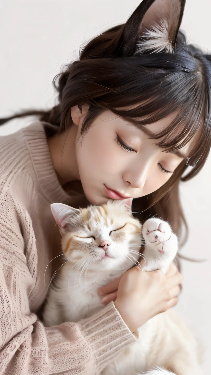 masterpiece, 4K, Bokeh, (cute:1.5), (beautiful girl:1.3), (Japanese Idols:1.6), (Cat ear:1.3) , (sweater:1.3),  (I like cats:1.6), Blushed,  (Holding a sleeping white cat:1.5), (Kiss the cat:1.3), (White Background :1.4), 