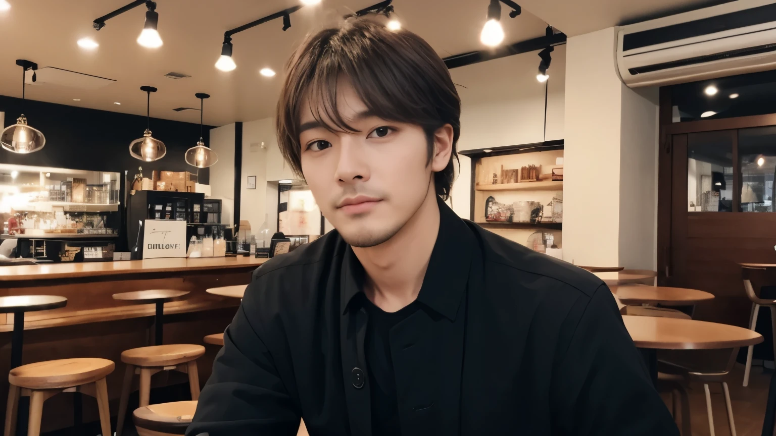 musician、Refreshingly handsome man in his 40s、(Super cool S-class guy)、Japanese Male, 40 years old、、Photographed inside the cafe、a handsome guy、(CG Unity 8K high resolution photo)、(Very detailedSクラスのa handsome guy性)、(Realistic)、(highest quality))、Very detailed、super high quality、expensive、audience、kind person、Very beautiful hair Perm Hair、Bright photo、Handsome like a model、Handsome like an idol、Looking at the camera、inside a stylish cafe、Stubble