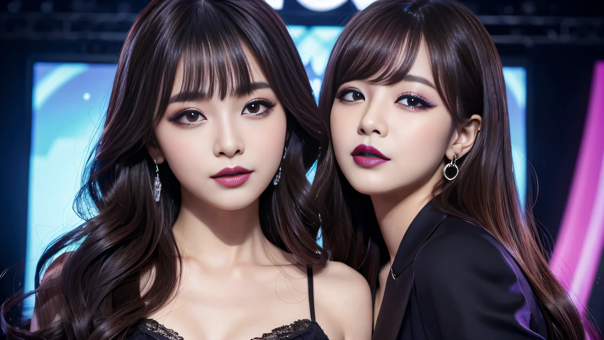 best quality、ultra-detailed、4k、Japanese、Seductive beauty、seductive adult woman、Pretty Woman、cool girl、Villainess、Brainwashed、brainwash、Fallen into evil、smirk、Evil look、Wicked Smile、evil、Brown hair、wavy hair、swept bangs、dark makeup、dark makeup、piercing eyes、hollow eyes,half-closed eyes、Hollow Eyes、purple Eyeshadow、black lipstick、black lipglos、suit、Jacket、night、inside Live stage、Seduce、Applying lipstick、Whisper in my ear