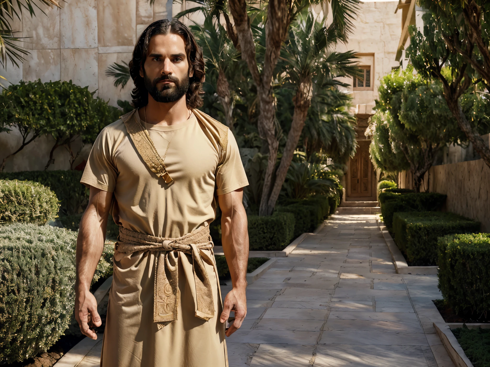 Seth Rollins as Jesus Christ, focus on face details, similar to seth rollins, wearing long beige Hebrew tunic, Jesus style from Bible, realistic image, Israel garden image background, best quality, 8k, focus on details.