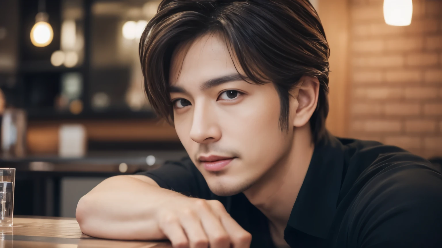 musician、Refreshingly handsome man in his 40s、(Super cool S-class guy)、Japanese Male, 40 years old、、Photographed inside the cafe、a handsome guy、(CG Unity 8K high resolution photo)、(Very detailedSクラスのa handsome guy性)、(Realistic)、(highest quality))、Very detailed、super high quality、expensive、audience、kind person、Very beautiful hair Perm Hair、Bright photo、Handsome like a model、Handsome like an idol、Looking at the camera、inside a stylish cafe、Stubble
