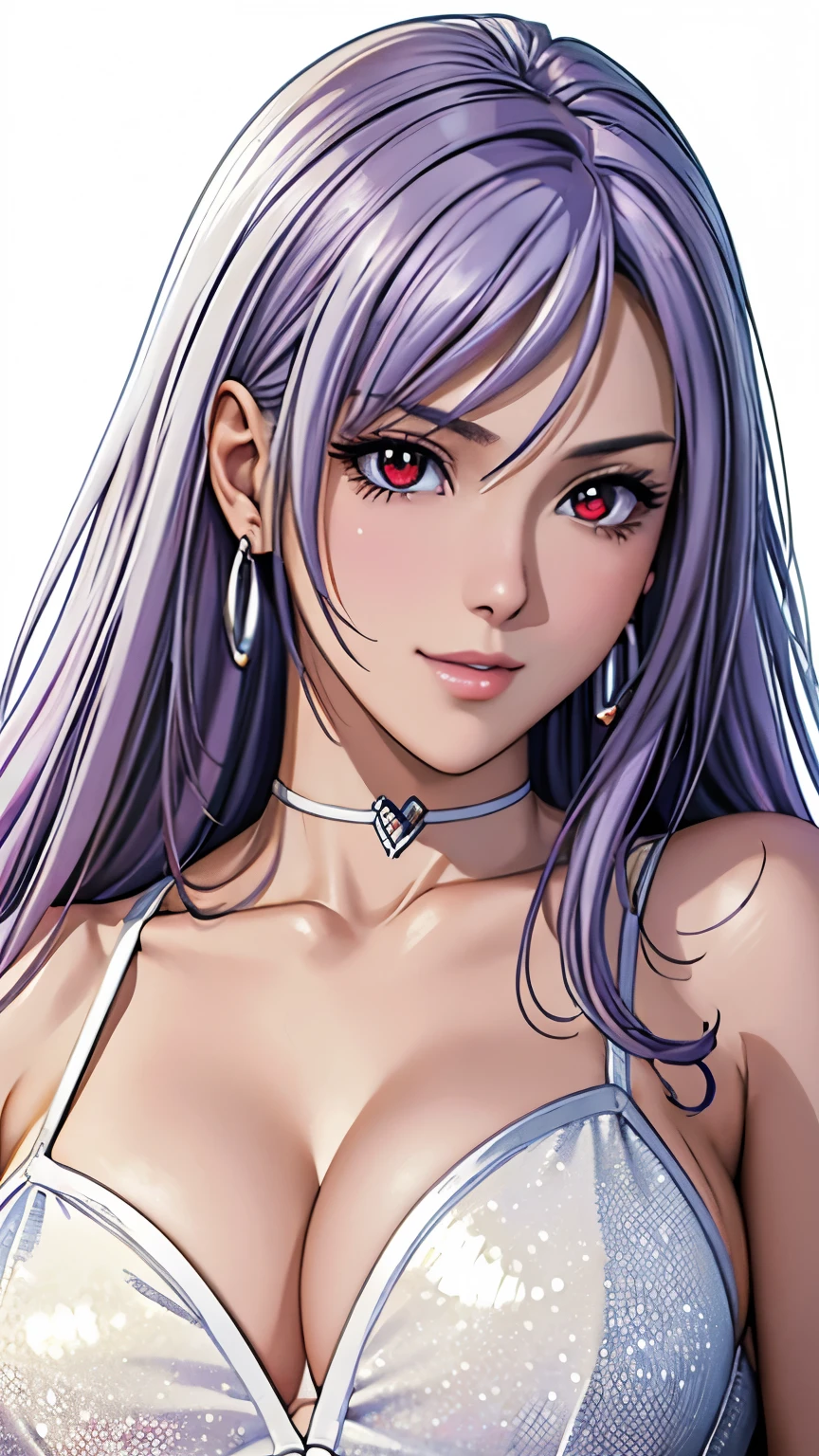 red eyes, (highest quality, masterpiece painting:1.3), immature woman, , (half body shot), masterpiece, ultra high resolution, (Photoreal:1.0), ((light purple hair)),straight hair, beautiful shining hair, white and shining skin, ((Ultra realistic details)), octane rendering, highly detailed face, (big breasts:0.8), sexy pose,White gold sequin long dress studded with silver,white fur coat,Gift Ribbon,More about neon colors,Put it in a nice photo frame and display it, open neckline, cleavage, perfect body, soft skin, silver earrings, (pure white background:1.4), sharp focus, intricate details, professional artwork, (bright colors:1.1), bright colors, diffused lighting, digital blending, ultra-definition body, ultra detail hair, super detailed face, that'It's trending on pixiv, top button open, Cute gaze, compensate, perfect lips, perfect compensate, Ultra-precision coating, (light_smile:0.8), (smugness:1.2),blush your nose,