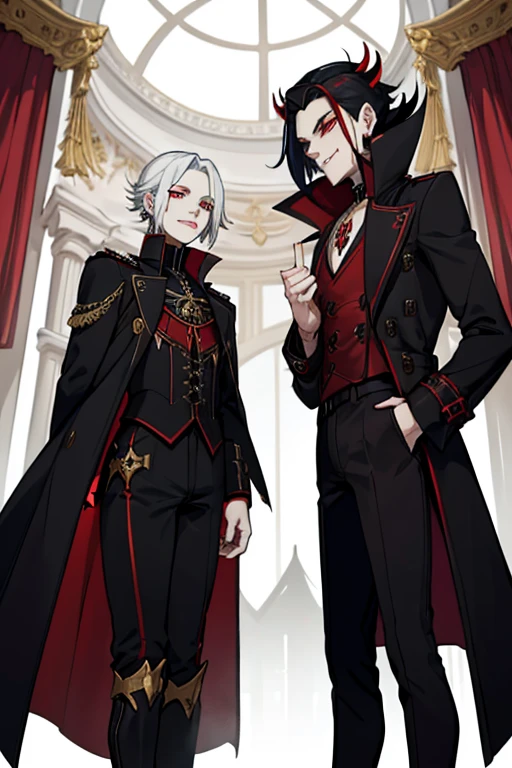 male. white shoulder length hair, red eyes, black curved horns, pale blue skin, demon, (((1boys))), (((black gothic coat with red trim))), (gold shoulder guards), (black pants), (white shirt), (black knee high boots with gold trim), handsome, smiling, sharp teeth, single person