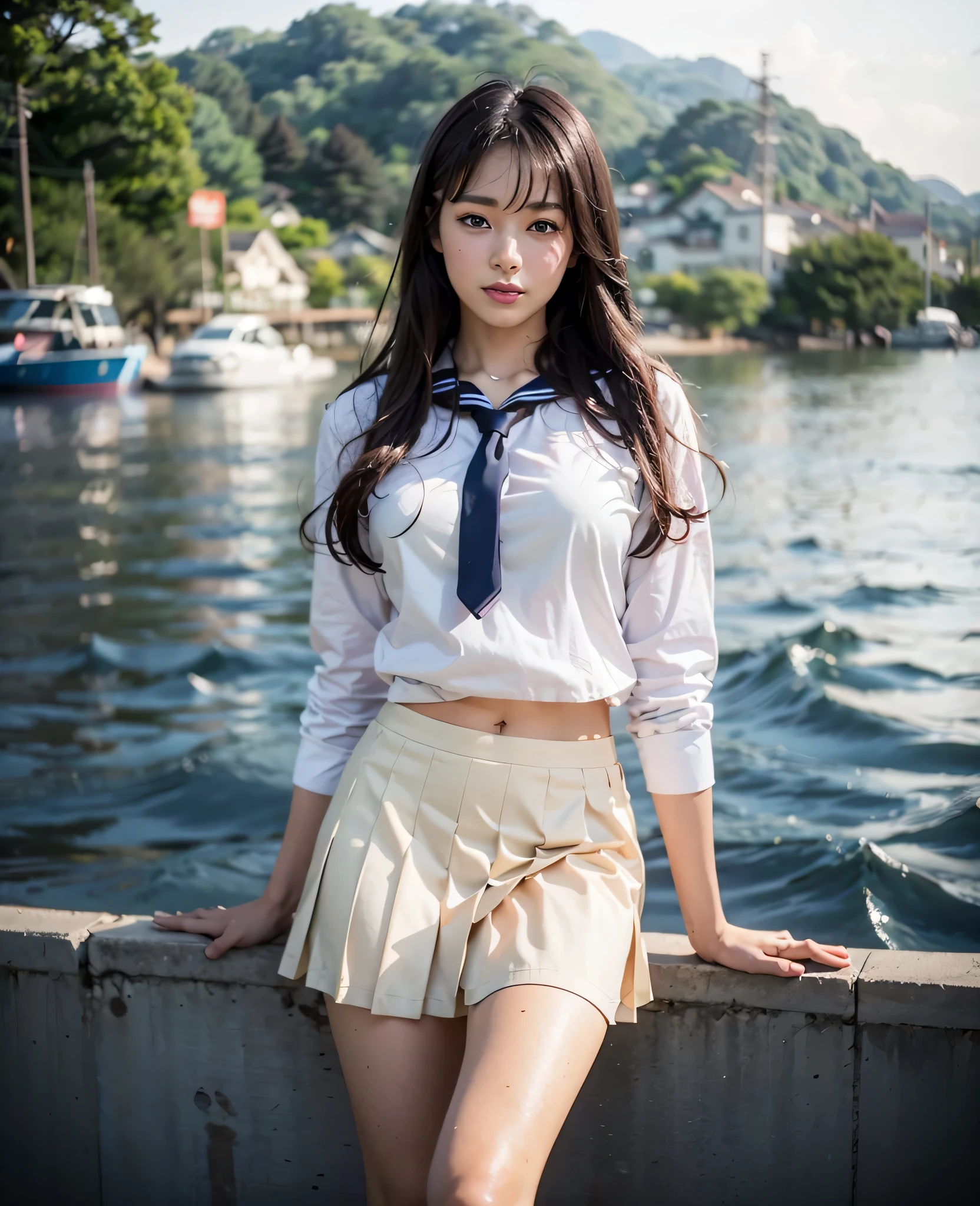 8k, RAW Photos, Highest quality, masterpiece:1.2), masterpiece, Highest quality, shape, Very detailed, The finer details, High resolution, 8k,wallpaper, Perfect dynamic composition,(High quality with attention to detail, Realistic depiction of eyes:1.3)、 woman、Put your arms around my back, Tie your hands behind your backｋ, Crouching on the deck of a yacht at sea、White panties are visible、My hair is blowing violently in the strong wind、Wearing a short-sleeved shirt、Wear a long skirt、whole body、The whole is facing forward、２１talent、beauty、Well-formed face、Even out the eyes、Beautiful black hair、With bangs、A well-balanced physique、Beautiful feet、Refreshing small face、Beautiful views、
