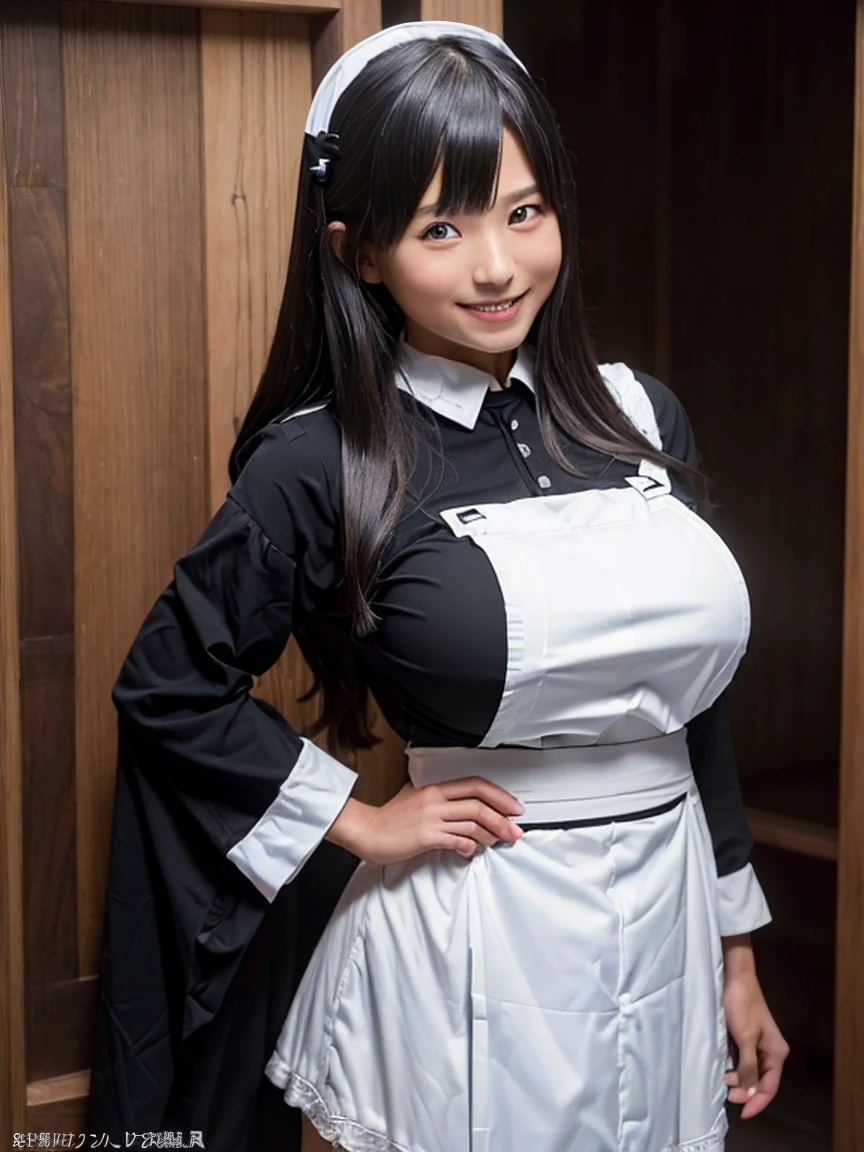 (high resolution:1.5),(8K:1.5),(High resolution:1.5),(masterpiece:1.5),(Young face),(10 year old Japanese girl),One ,Looking at this,smile,Showing beautiful teeth,(Big Breasts),(White and black maid clothes),(The whole body is shown),Thin and beautiful legs,