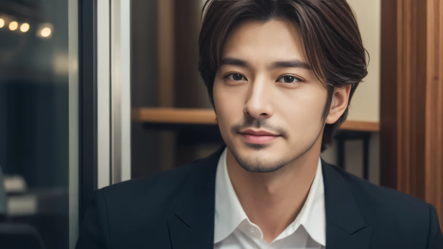 musician、Refreshingly handsome man in his 40s、(Super cool S-class guy)、Japanese Male, 40 years old、、Photographed inside the cafe、a handsome guy、(CG Unity 8K high resolution photo)、(Very detailedSクラスのa handsome guy性)、(Realistic)、(highest quality))、Very detailed、super high quality、expensive、audience、kind person、Very beautiful hair Perm Hair、Bright photo、Handsome like a model、Handsome like an idol、Looking at the camera、inside a stylish cafe、Stubble