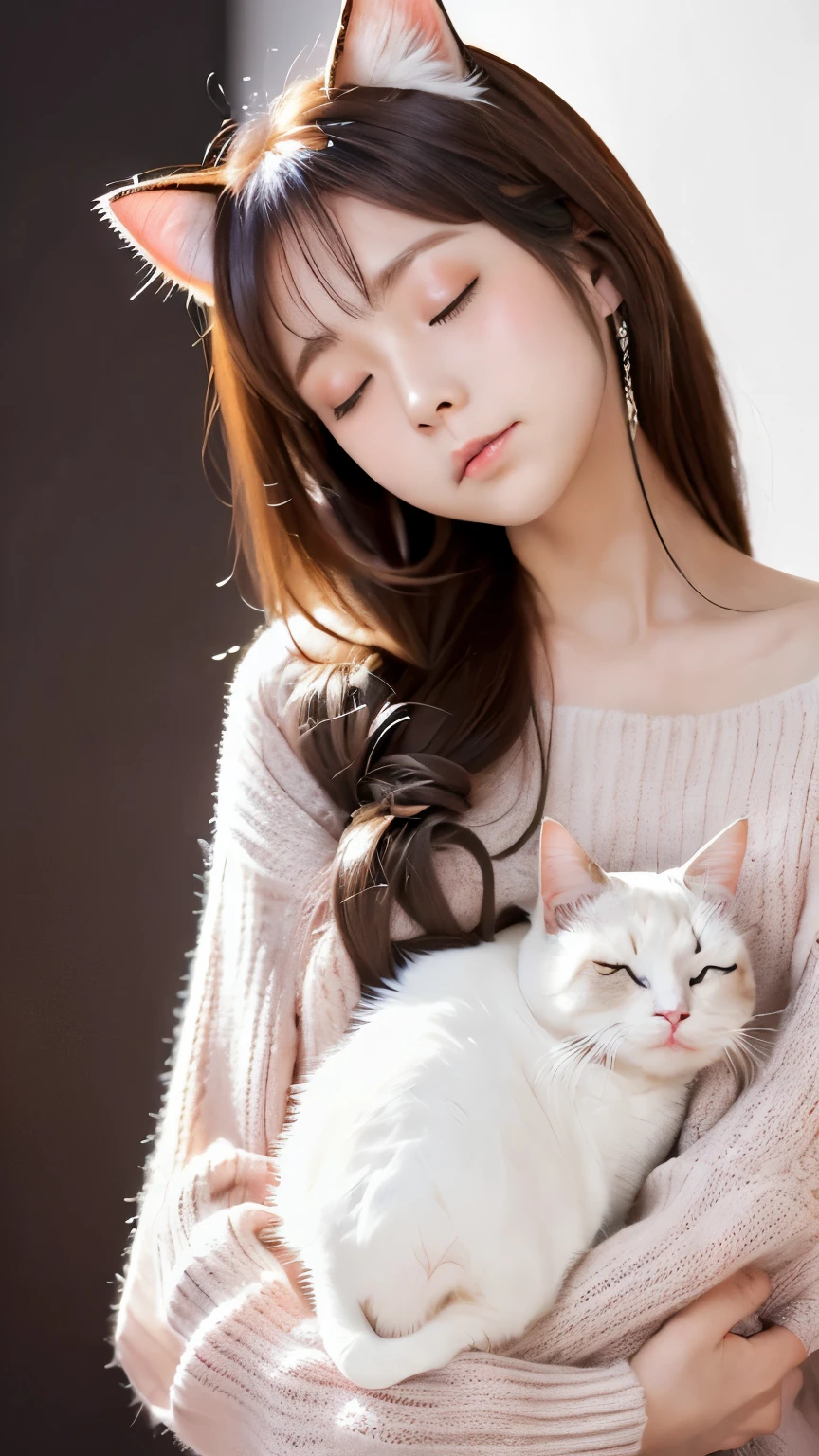 masterpiece, 4K, Bokeh, (cute:1.5), (beautiful girl:1.3), (Japanese Idols:1.6), (Cat ear:1.3) , (sweater:1.3),  (I like cats:1.6), Blushed,  (Holding a sleeping white cat:1.5), (Kiss the cat:1.3), (White Background :1.4), 
